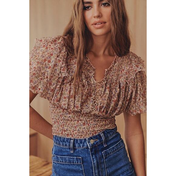 Free People Tops - Free People Beatrice Floral Print Brown Lace Up Puff Sleeve Blouse Top Size S